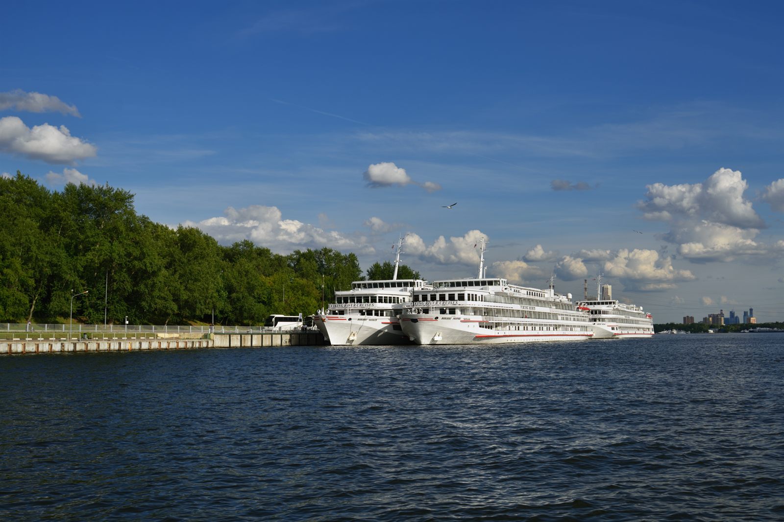 Two river cruise ships moored on a river